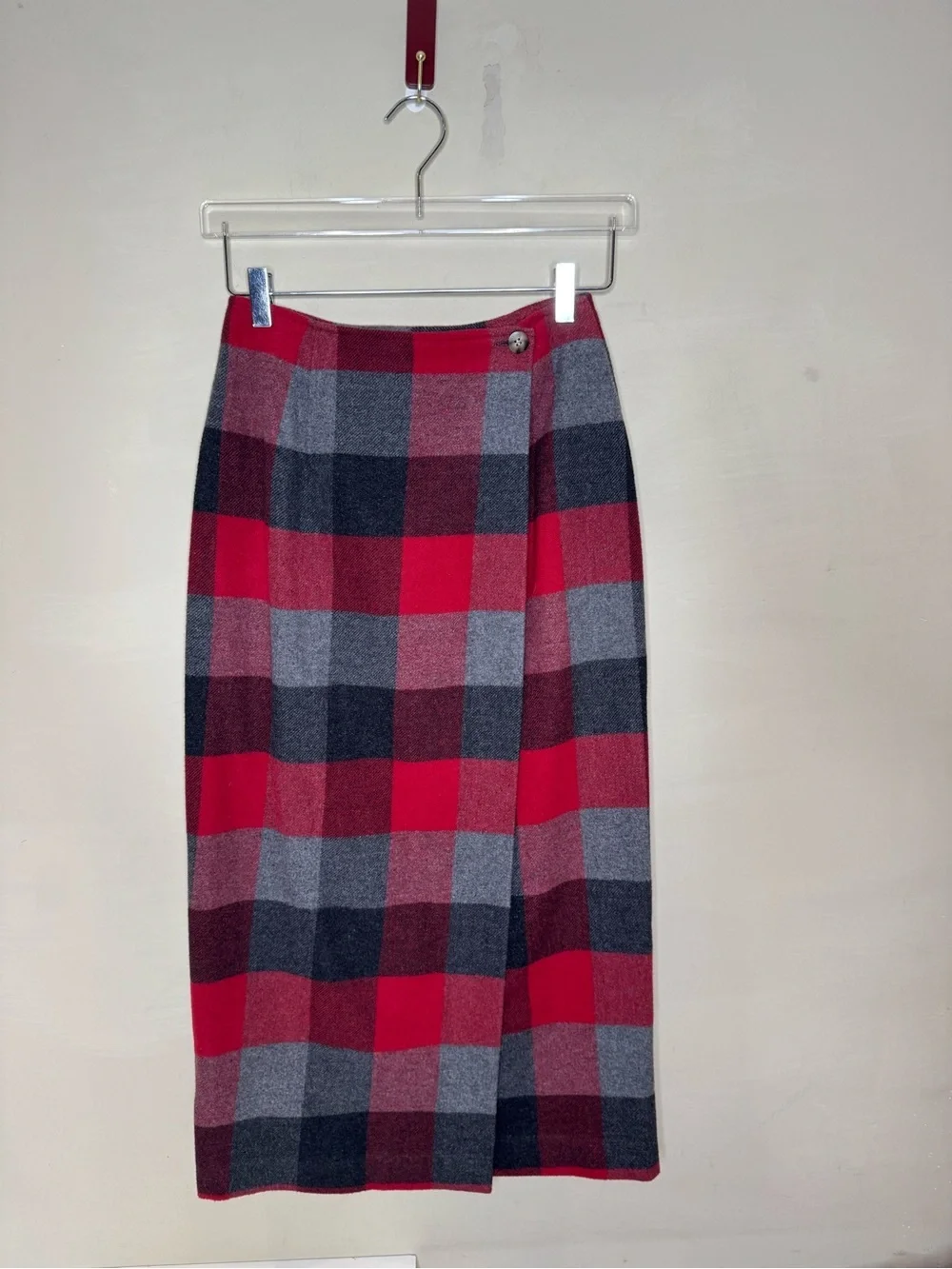 Vintage Old Navy Plaid Wool Blend Wrap Midi Skirt Size 4 Red Gray Black